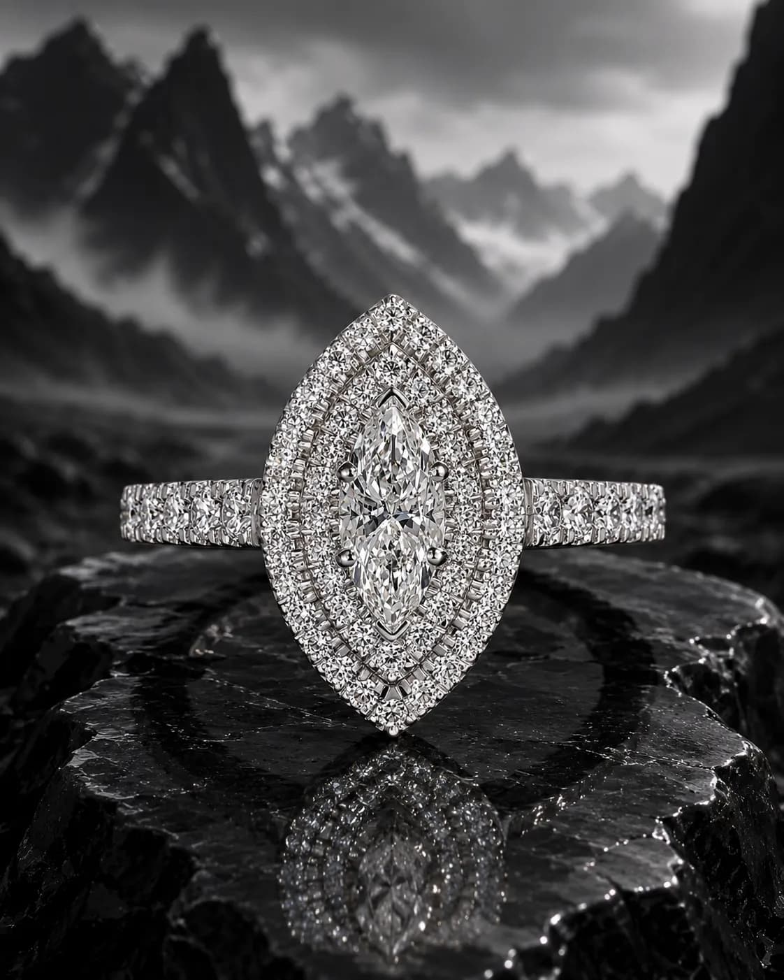 The Valiant marquise diamond ring against a dark valley landscape